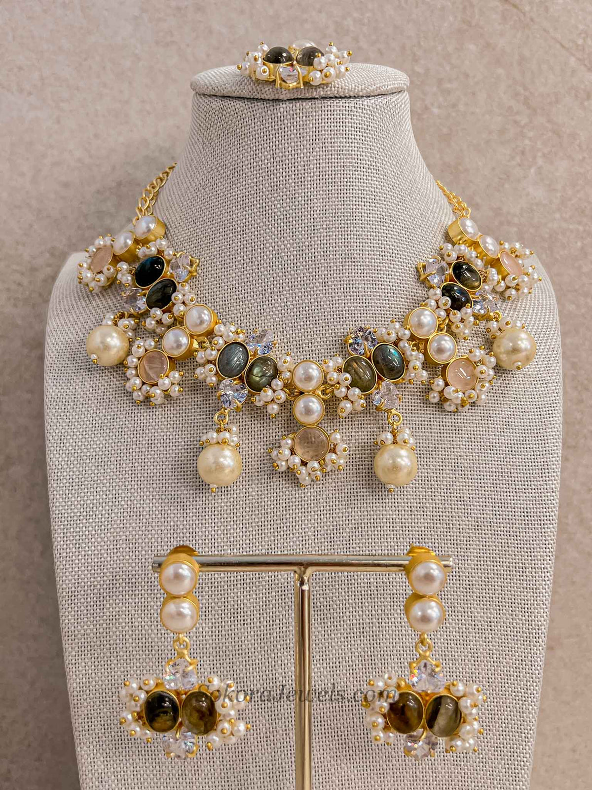 Charcoal Grey & Blush Gemstone Pearl Necklace Set