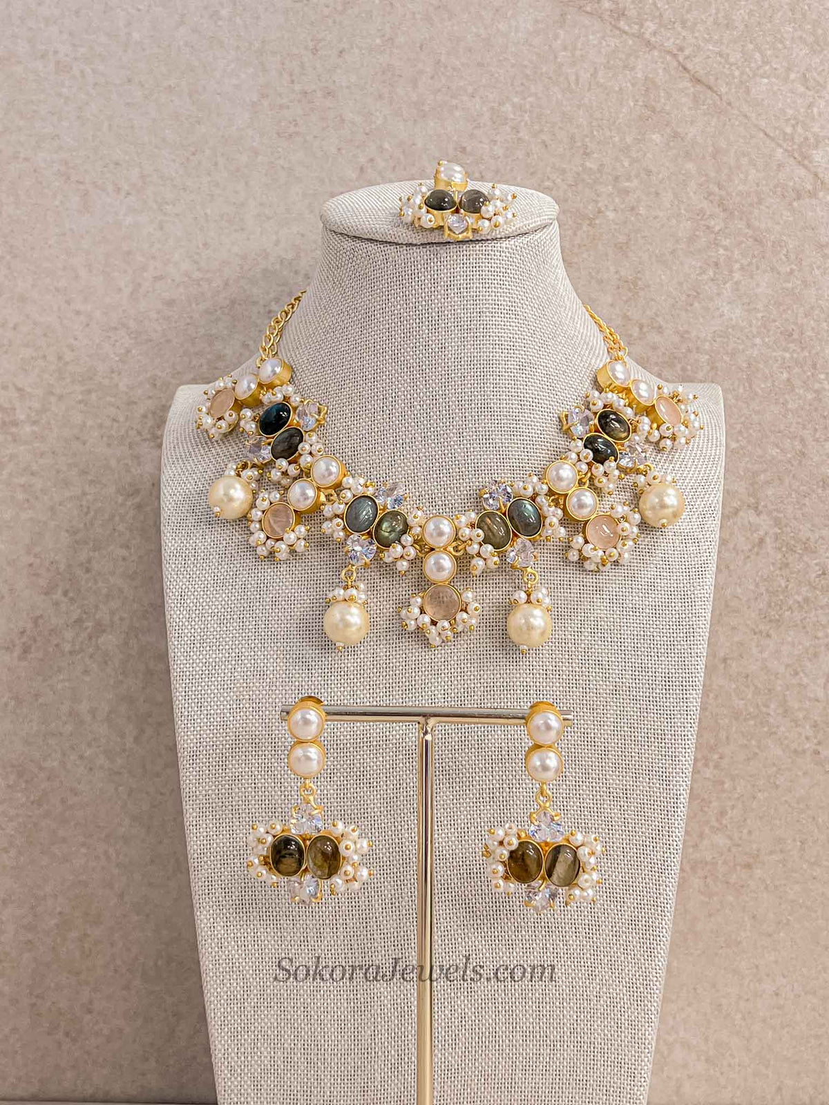 Charcoal Grey & Blush Gemstone Pearl Necklace Set