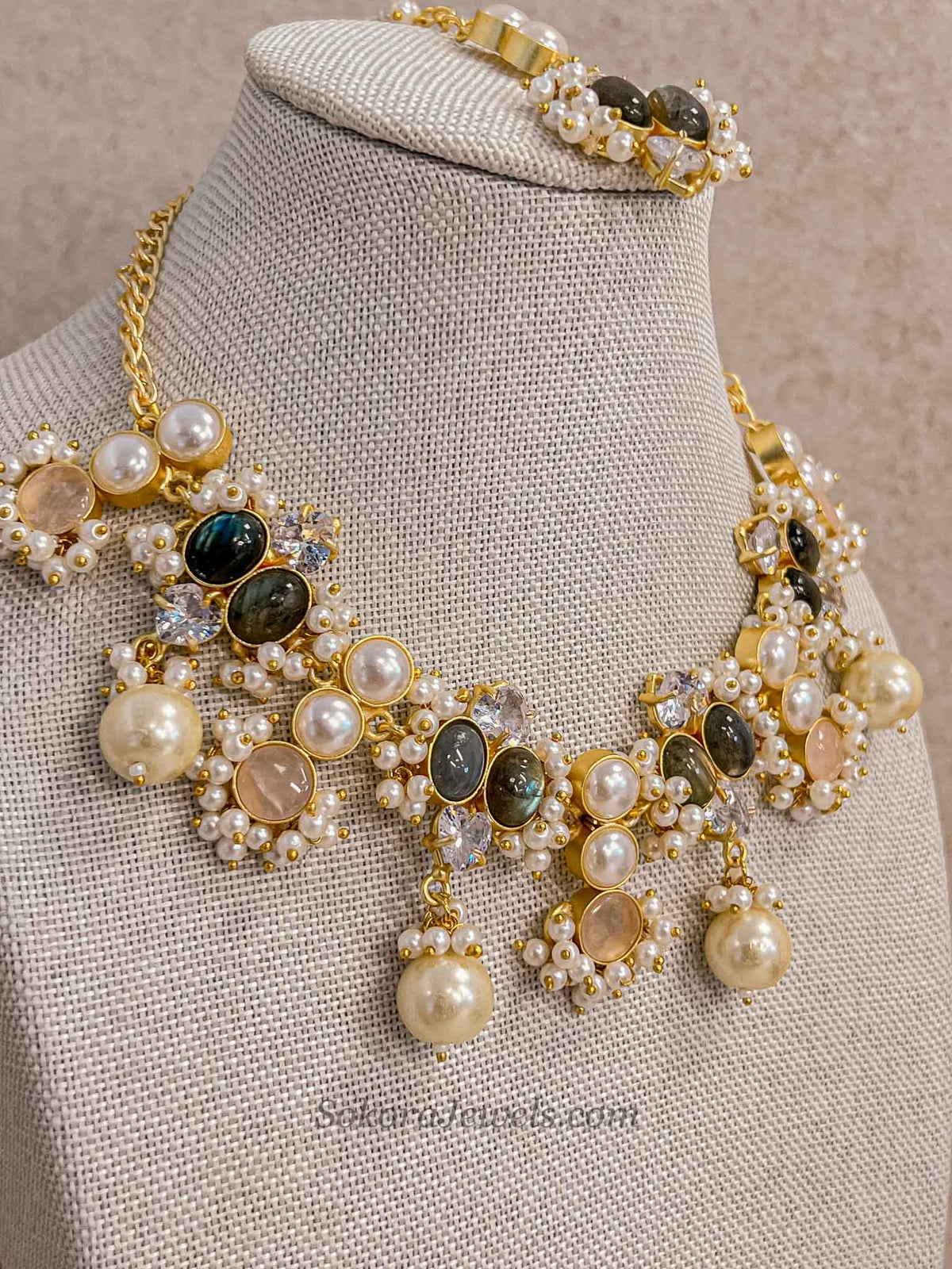 Charcoal Grey & Blush Gemstone Pearl Necklace Set