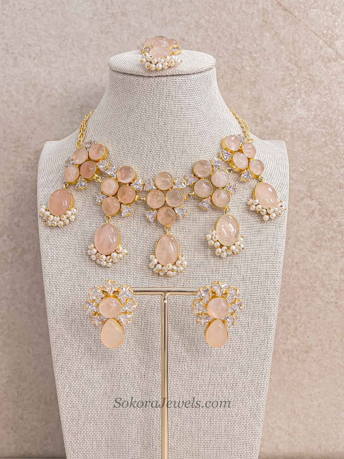 Pink Peach Gem Stone Necklace Set