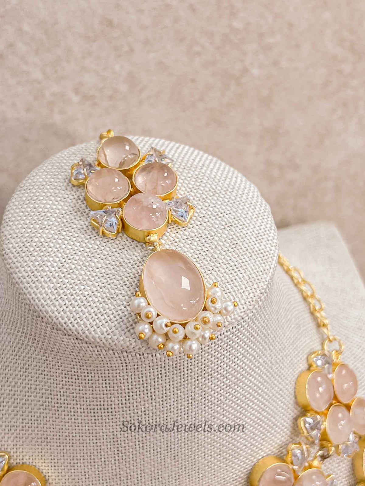 Pink Peach Gem Stone Necklace Set