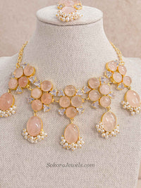 Pink Peach Gem Stone Necklace Set