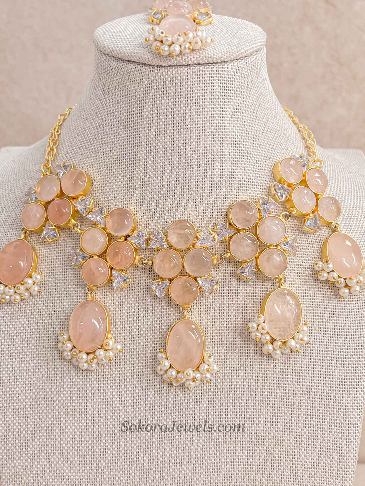 Pink Peach Gem Stone Necklace Set