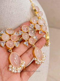 Pink Peach Gem Stone Necklace Set
