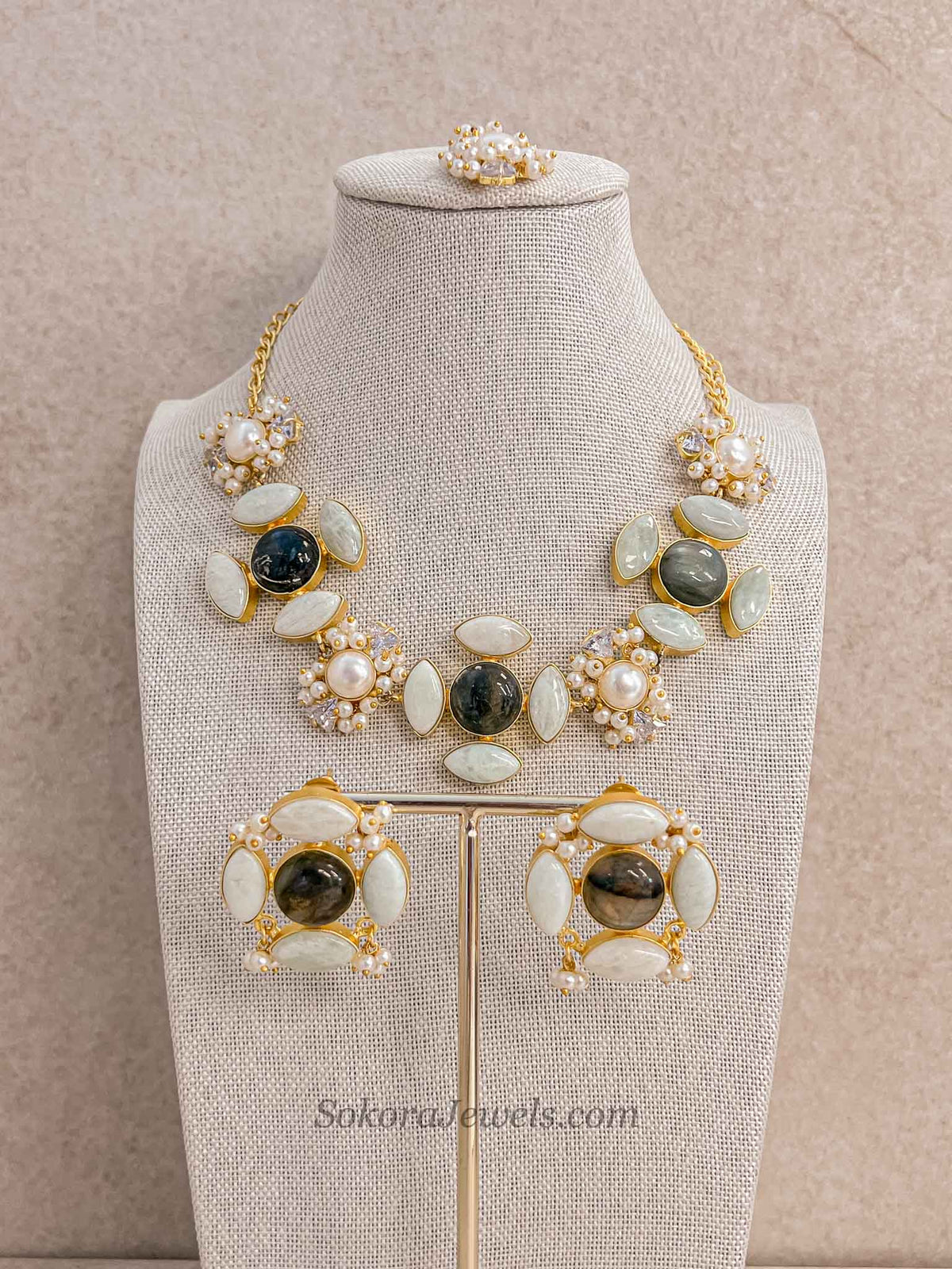 Charcoal Grey and Pale Mint Gem Stone Necklace Set