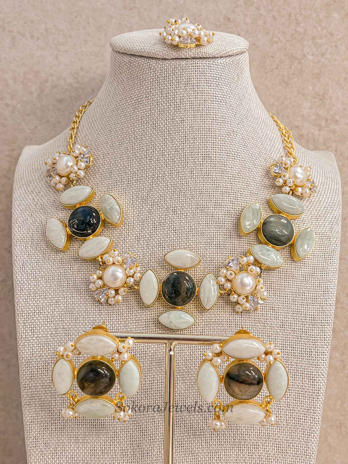 Charcoal Grey and Pale Mint Gem Stone Necklace Set