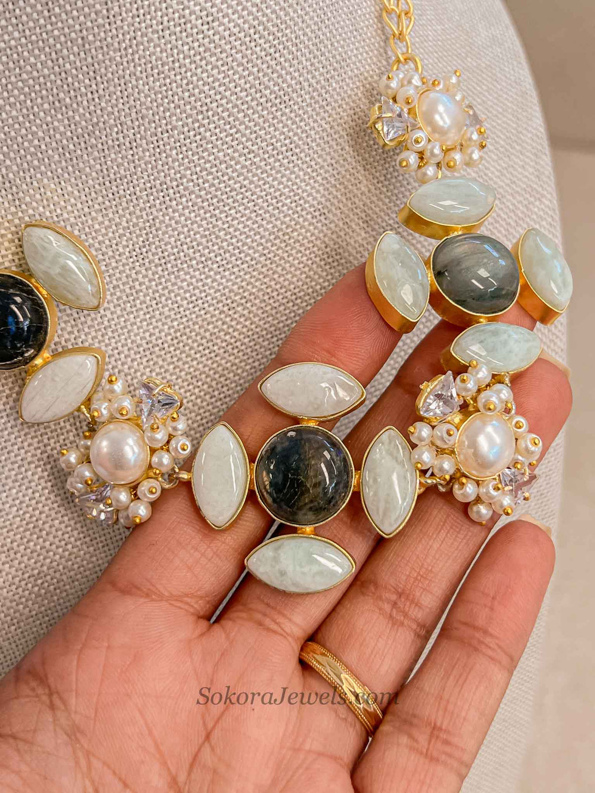 Charcoal Grey and Pale Mint Gem Stone Necklace Set