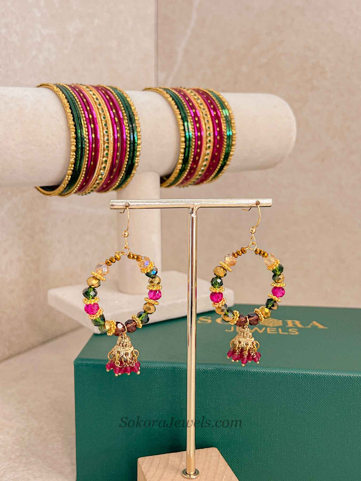 Bangle & Jhumka Earring Box Set - Pink & Green