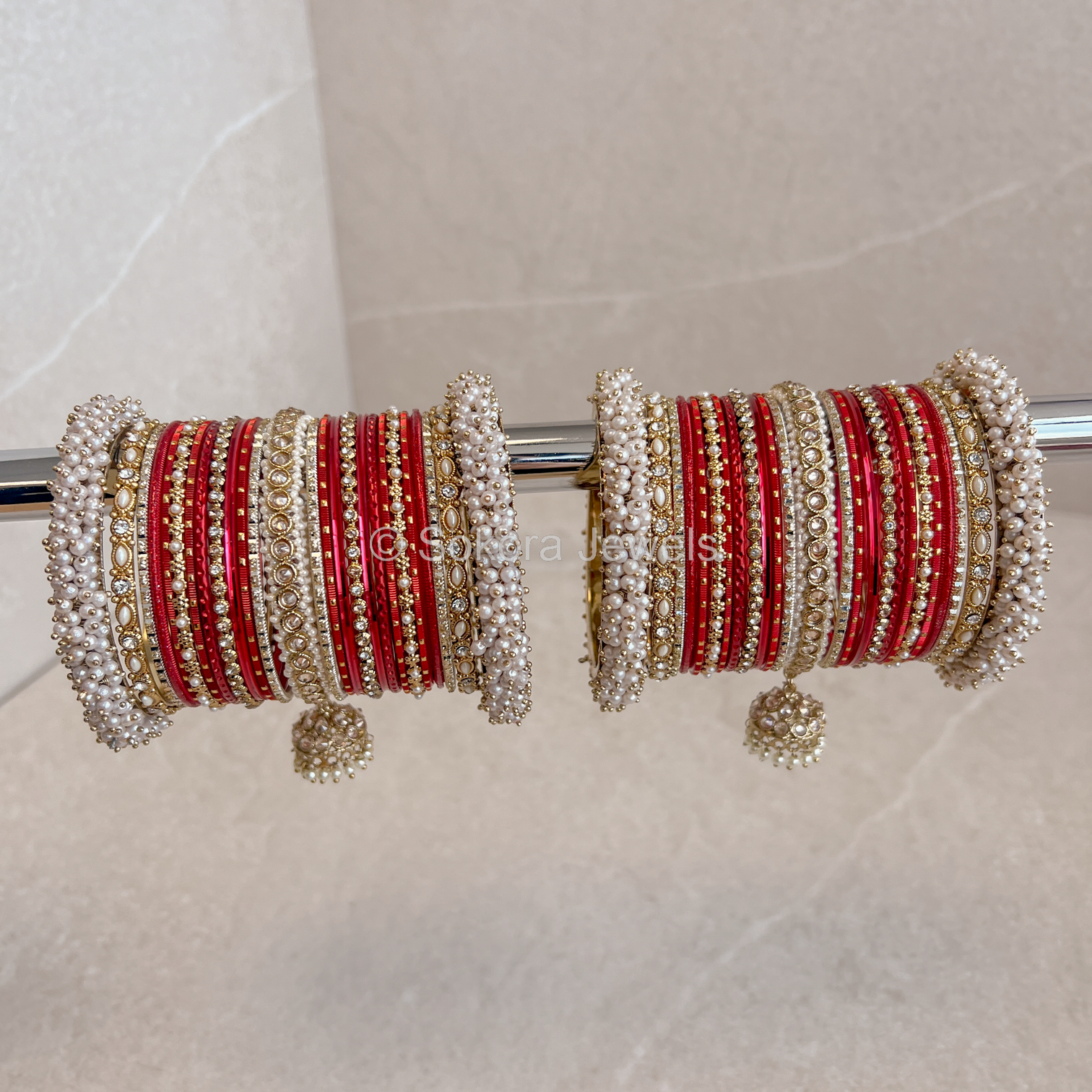 Celine Luxury Pearly Bangle Set - Deep Red