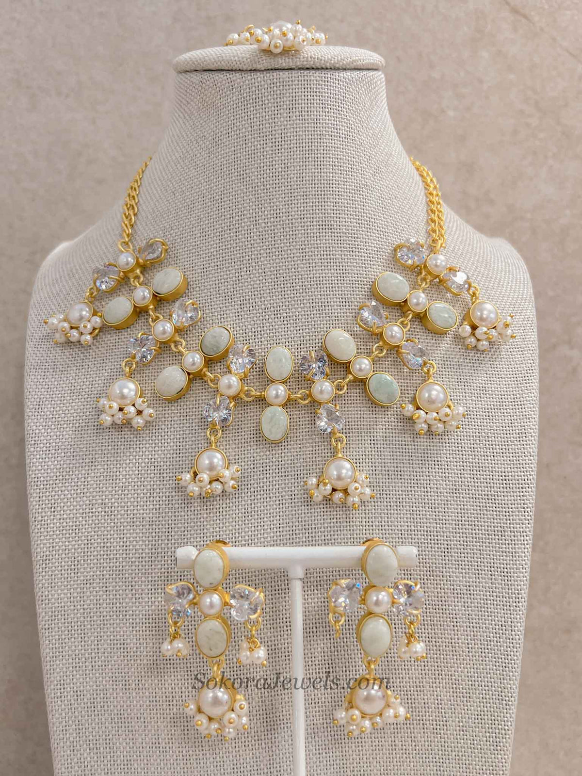 Pale Gemstone & Pearl Statement Necklace Set