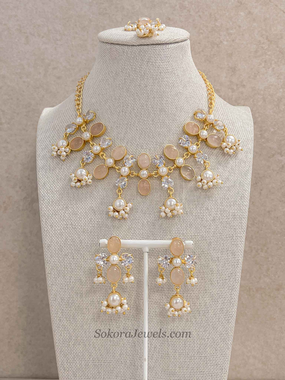 Pale Gemstone & Pearl Statement Necklace Set