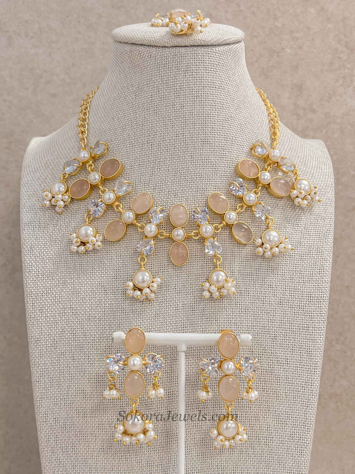 Pale Gemstone & Pearl Statement Necklace Set