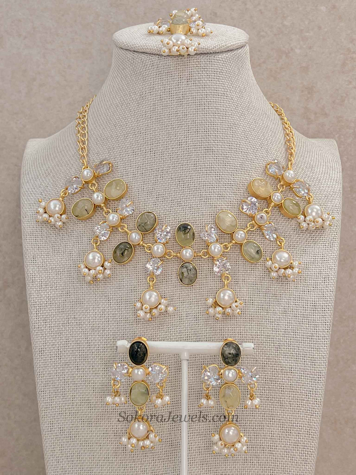 Pale Gemstone & Pearl Statement Necklace Set