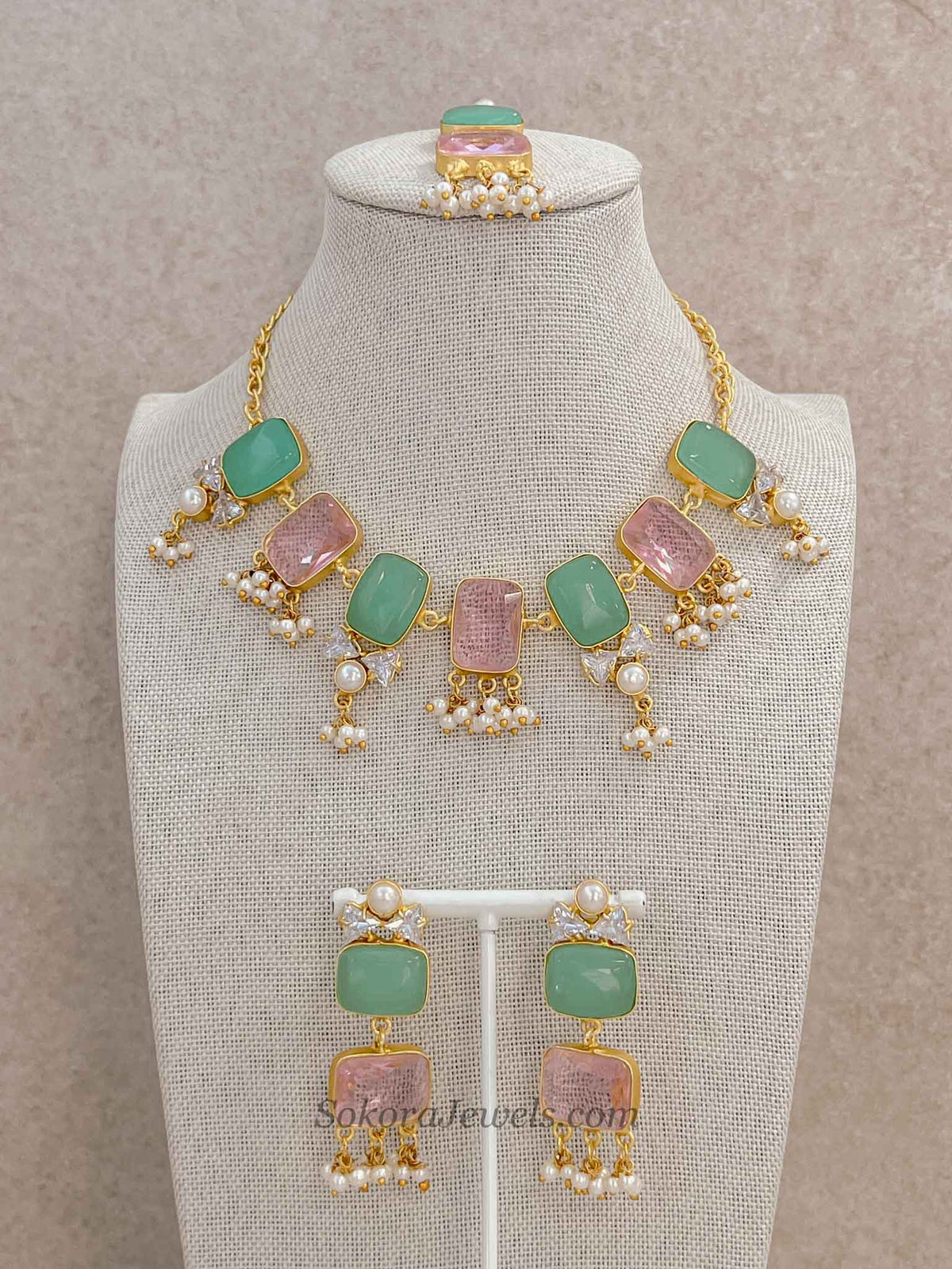 Geometric Gemstone & Pearl Statement Necklace Set