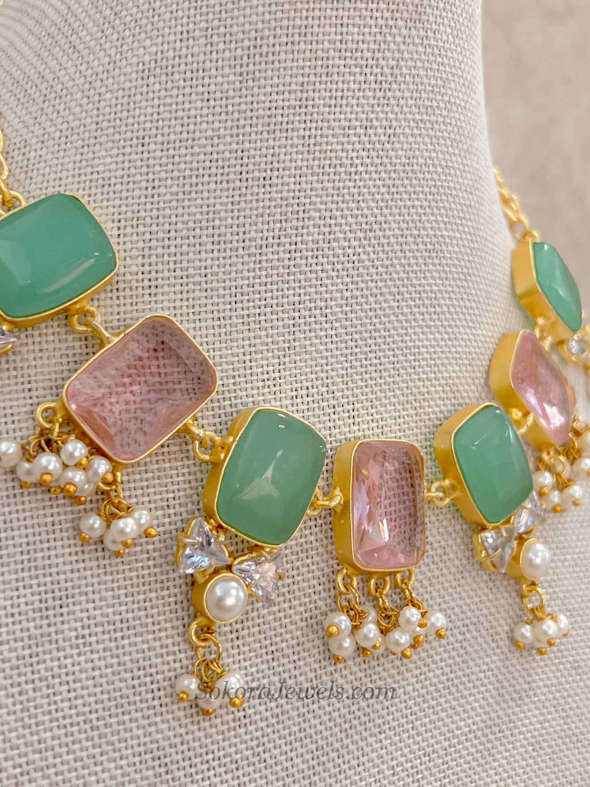 Geometric Gemstone & Pearl Statement Necklace Set