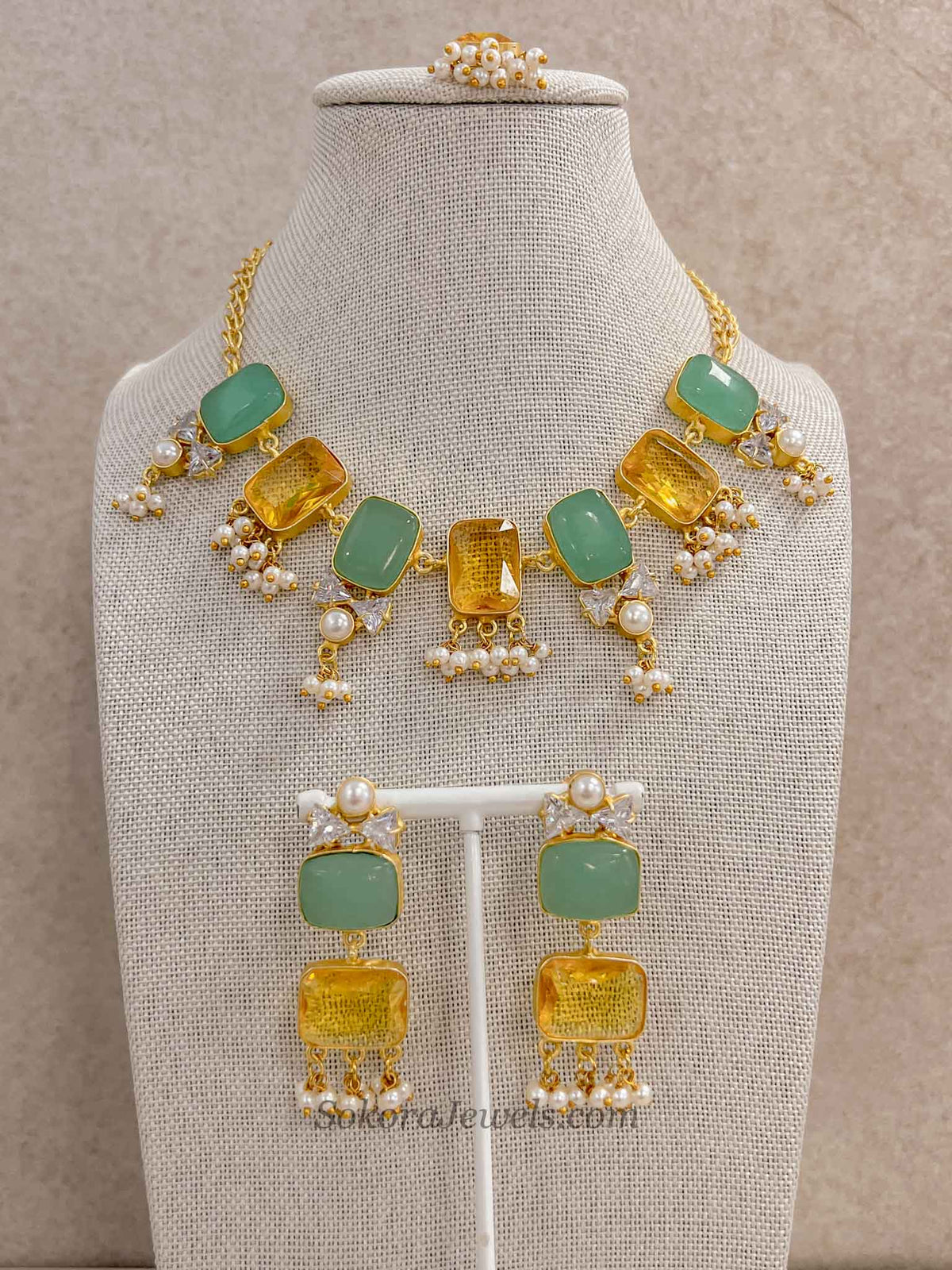 Geometric Gemstone & Pearl Statement Necklace Set