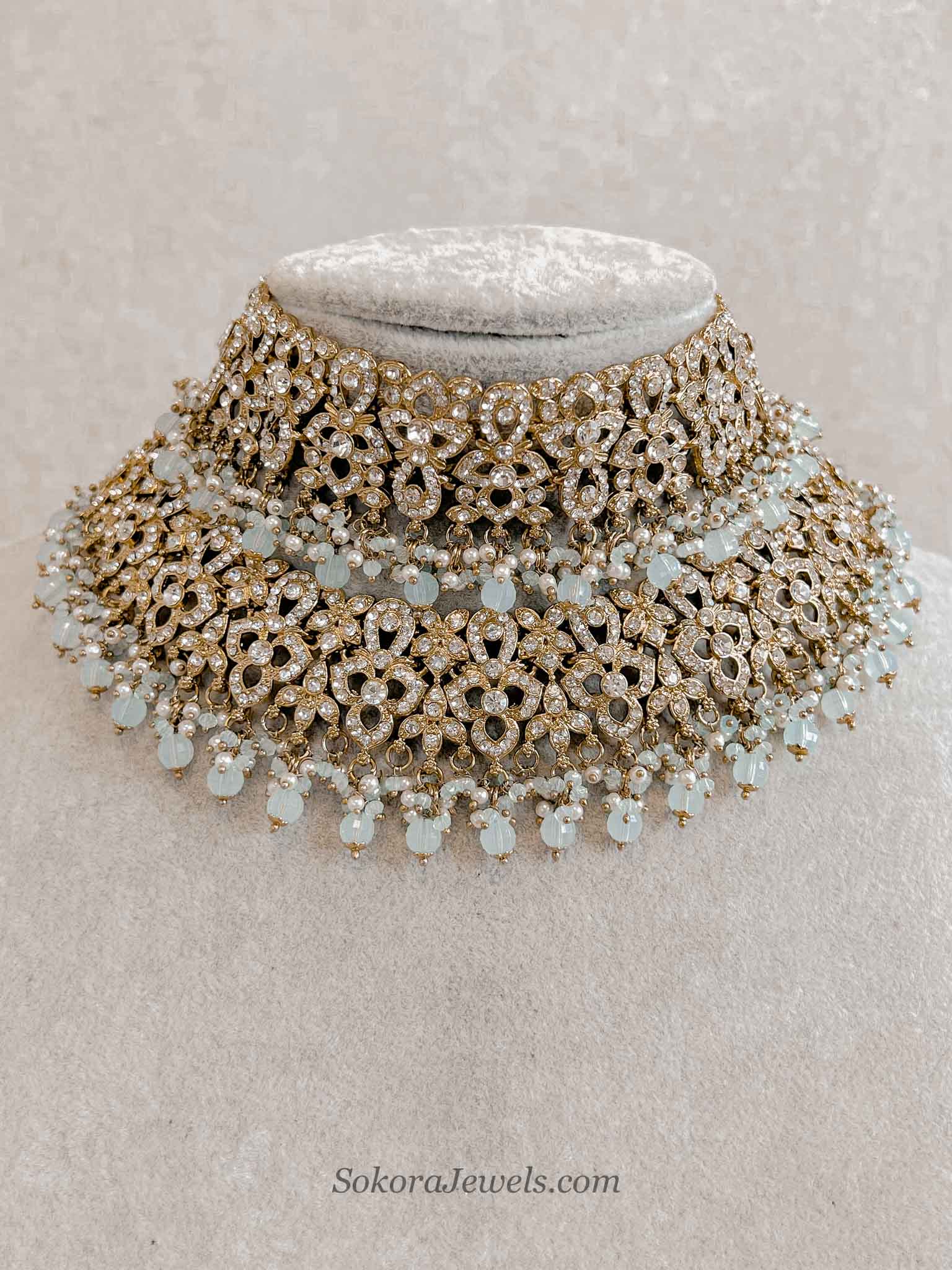 Zeba Bridal Double Choker Necklace set - Light Blue