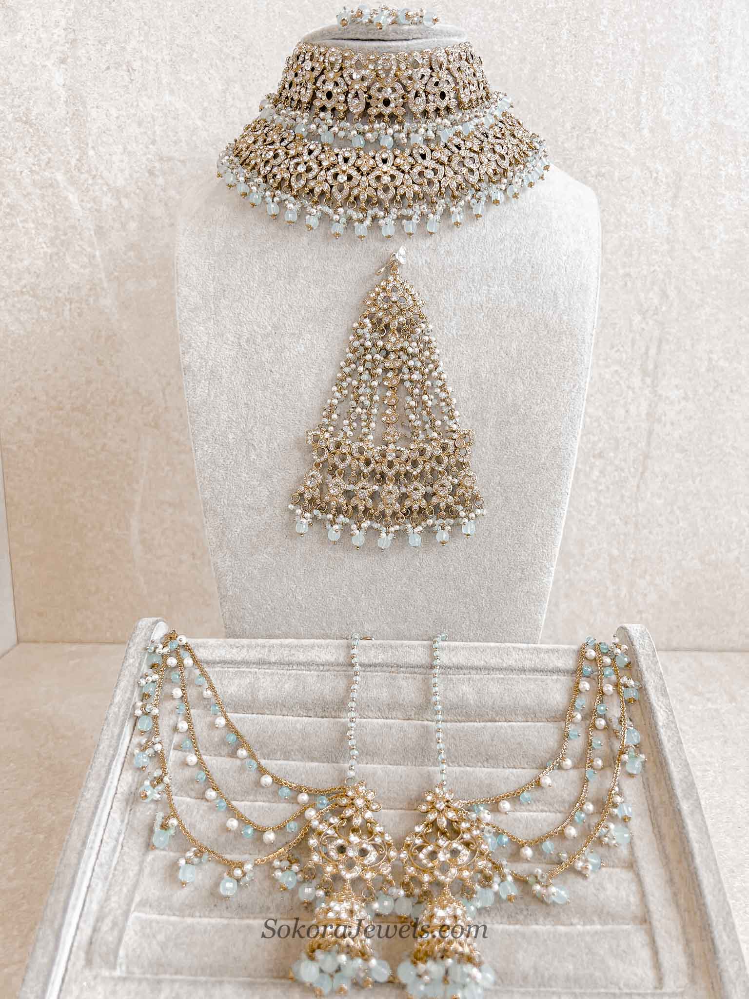 Zeba Bridal Double Choker Necklace set - Light Blue