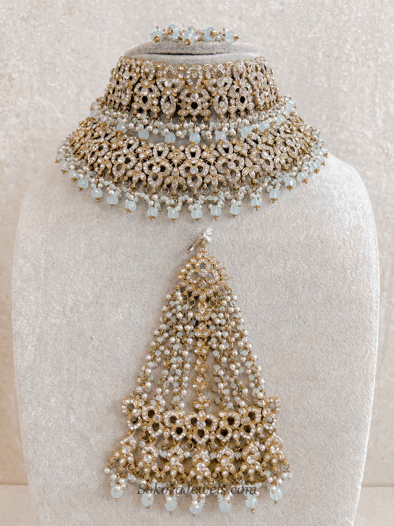 Zeba Bridal Double Choker Necklace set - Light Blue