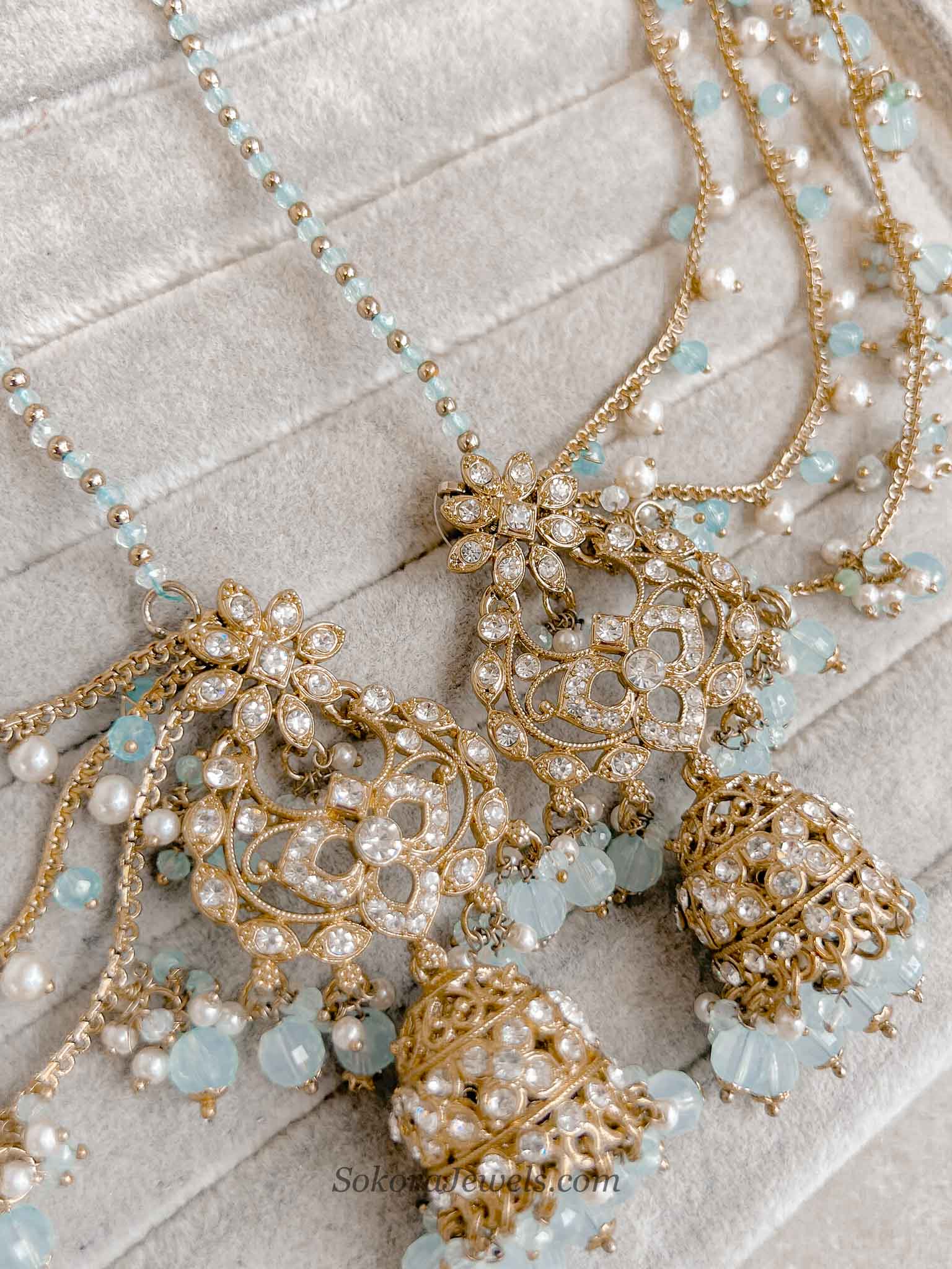 Zeba Bridal Double Choker Necklace set - Light Blue
