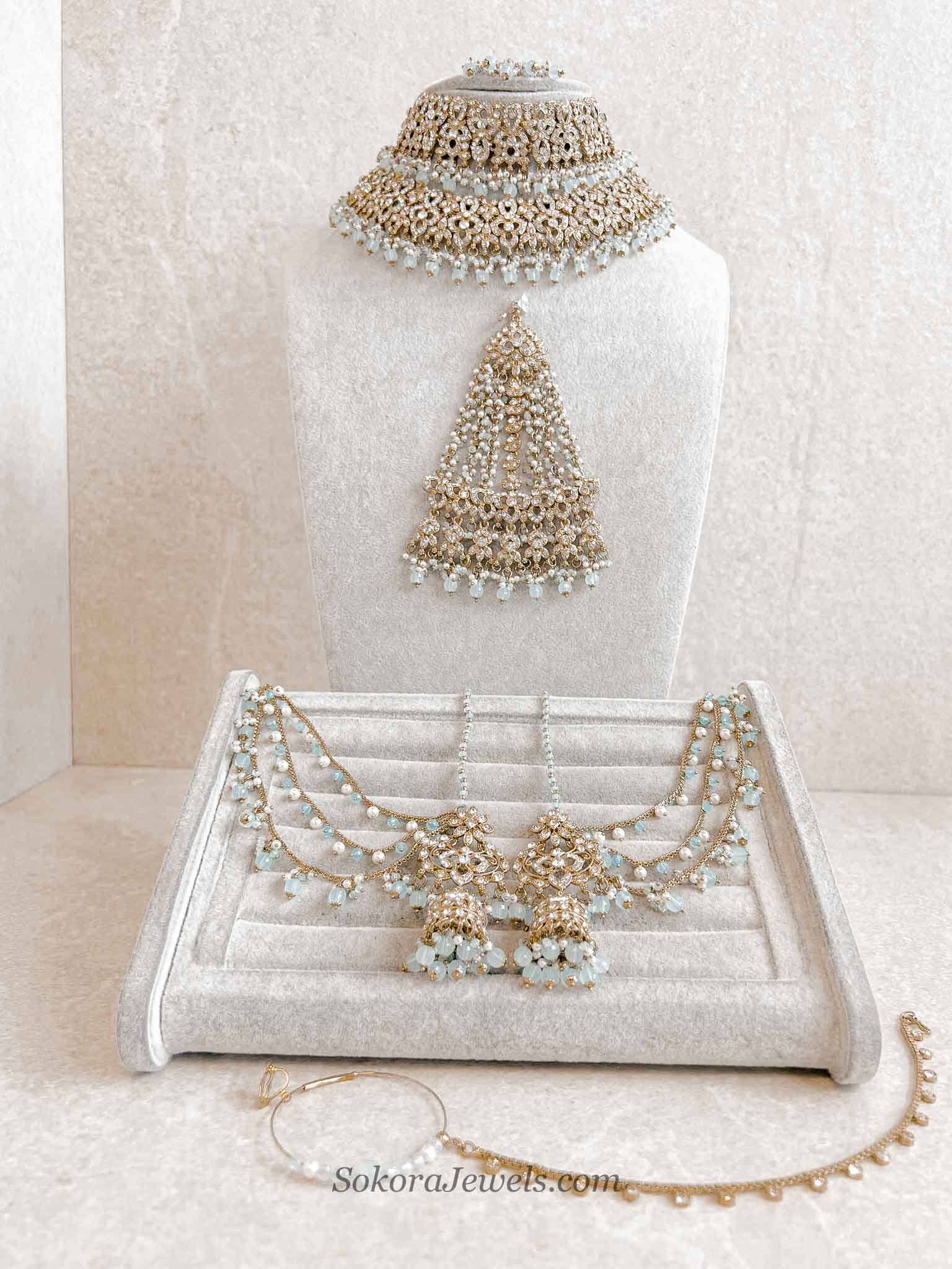 Zeba Bridal Double Choker Necklace set - Light Blue