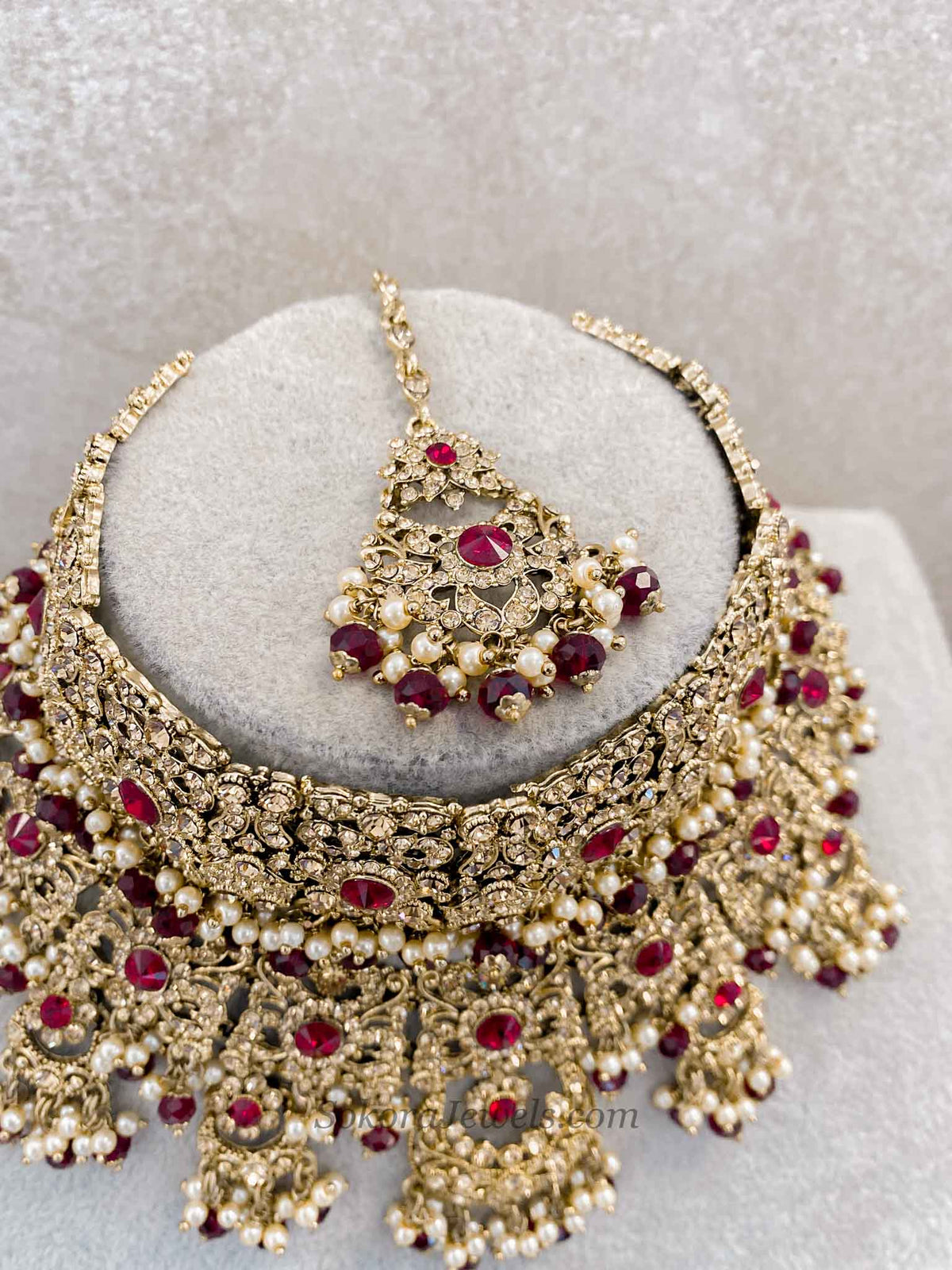 Double Bridal Choker & Necklace Set - Maroon