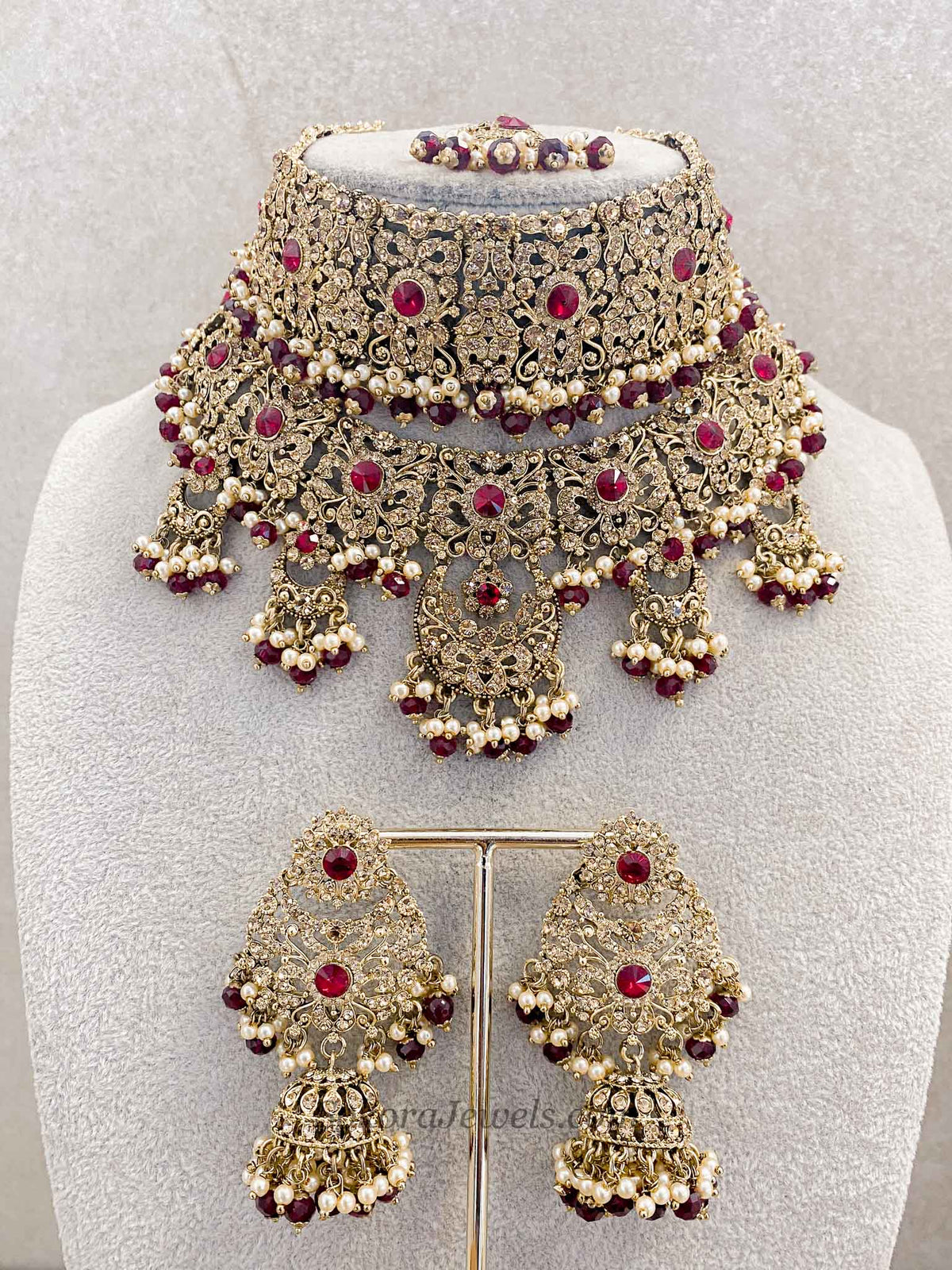 Double Bridal Choker & Necklace Set - Maroon