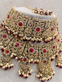 Double Bridal Choker & Necklace Set - Maroon