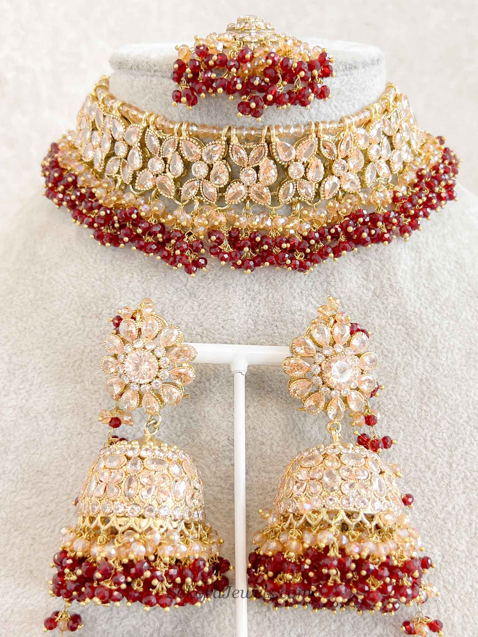 Gold Plated Bridal Choker set - Maroon