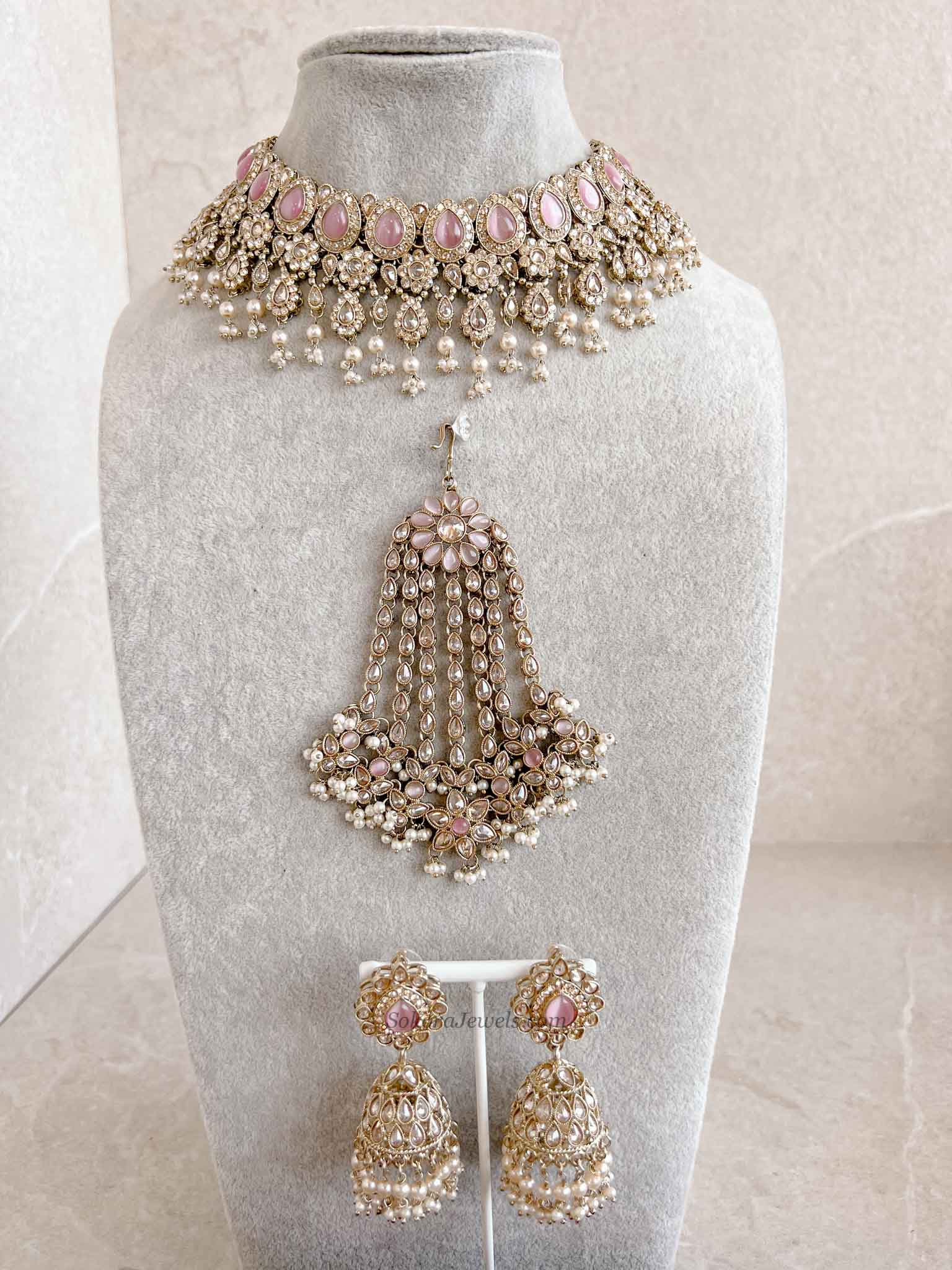 Mehnaaz Pearl Drop Necklace Set - Pink with Jhumar