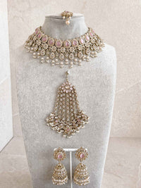 Mehnaaz Pearl Drop Necklace Set - Pink with Jhumar
