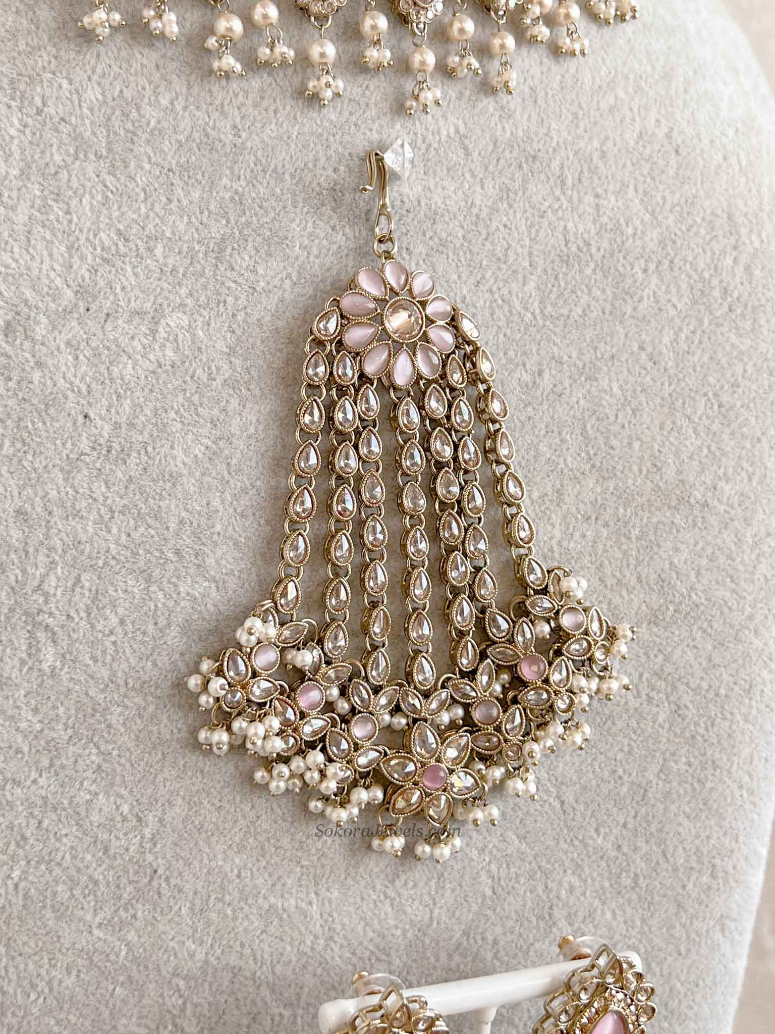 Mehnaaz Pearl Drop Necklace Set - Pink with Jhumar