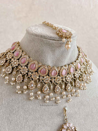 Mehnaaz Pearl Drop Necklace Set - Pink with Jhumar