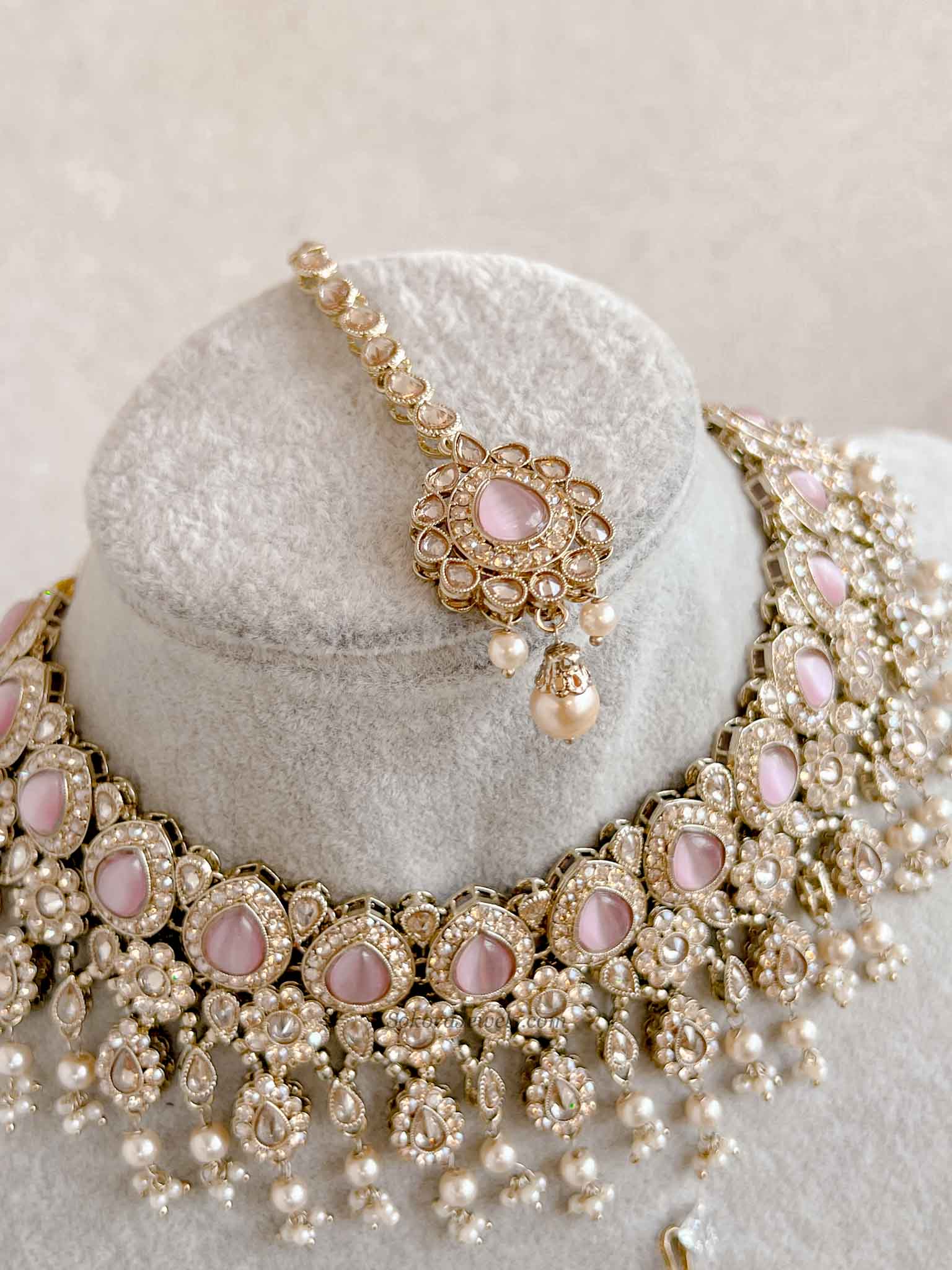 Mehnaaz Pearl Drop Necklace Set - Pink with Jhumar