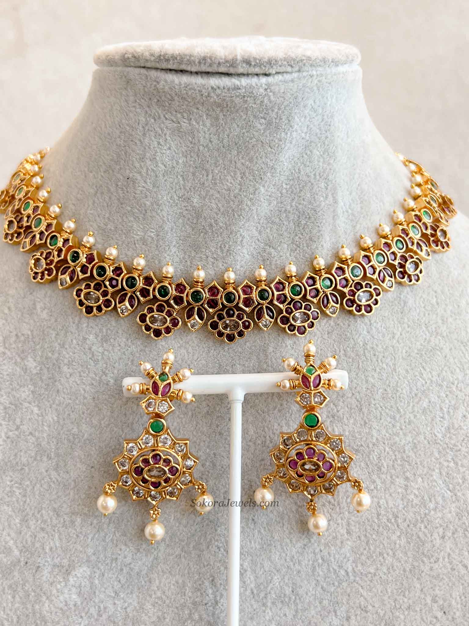 Ruby & Green Pearl Necklace Set