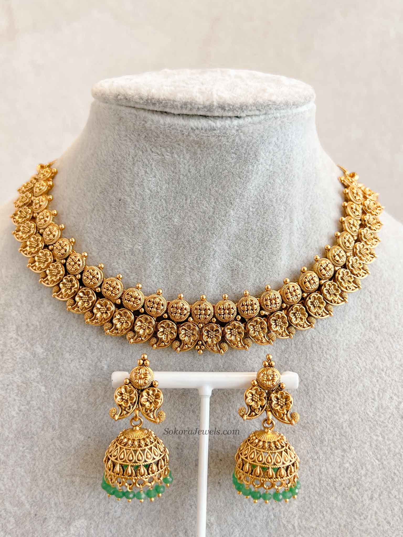 South Indian Necklace Set with Green Beads