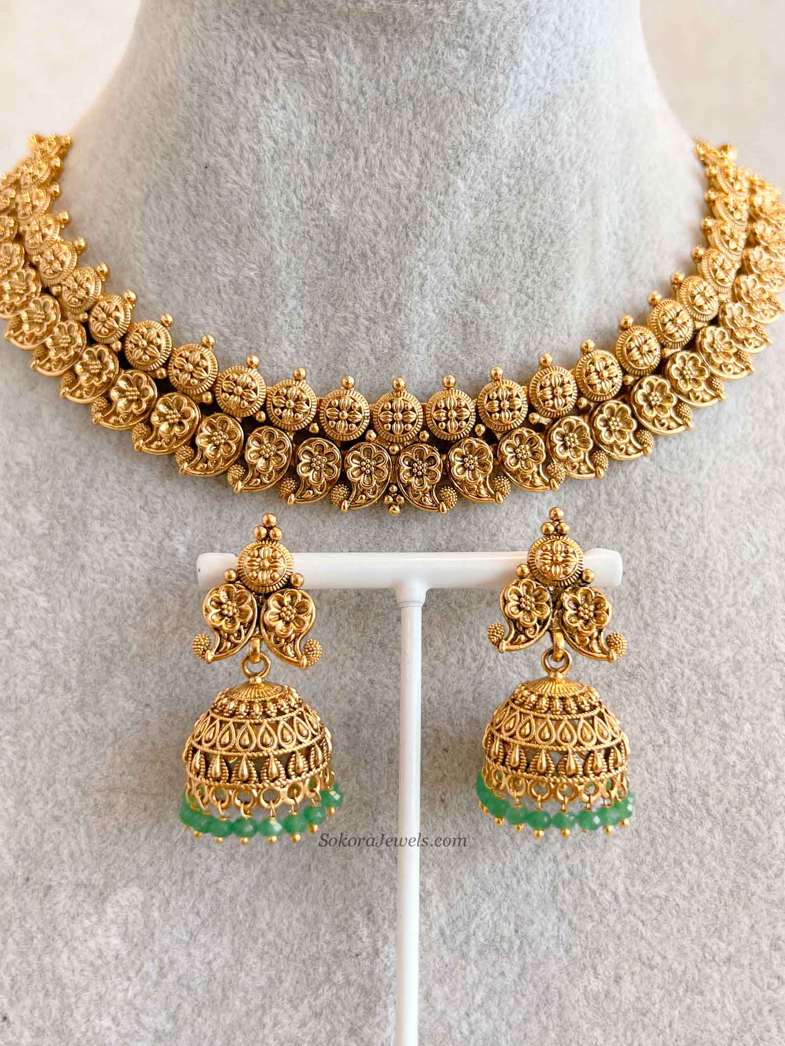 South Indian Necklace Set with Green Beads