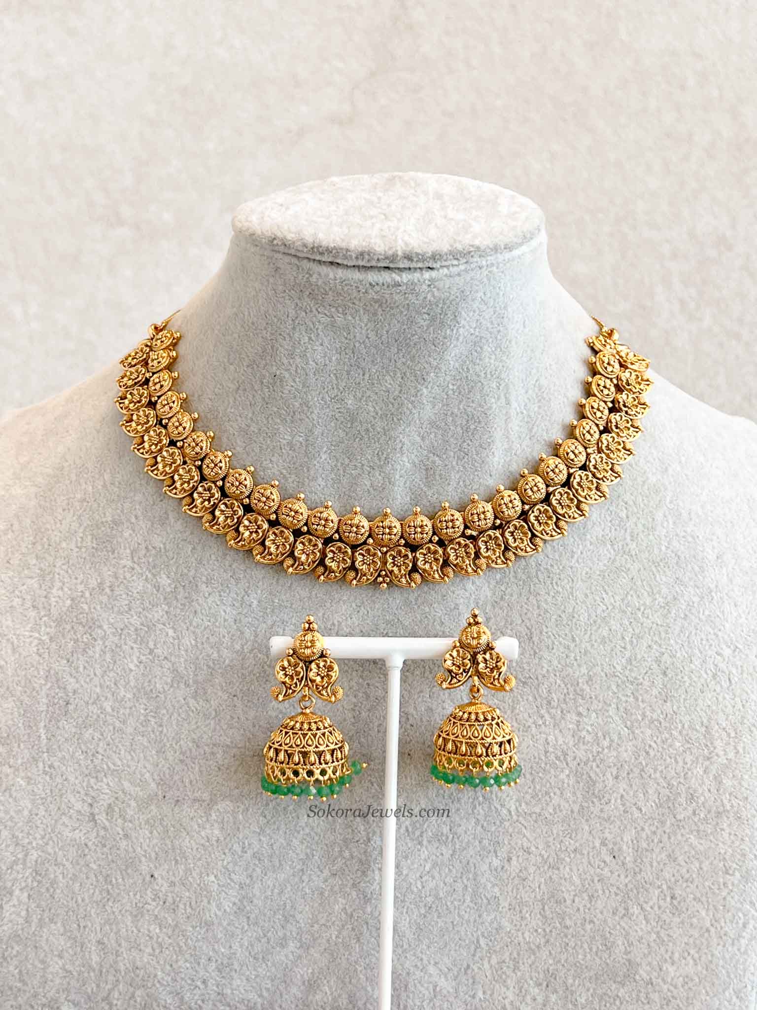 South Indian Necklace Set with Green Beads