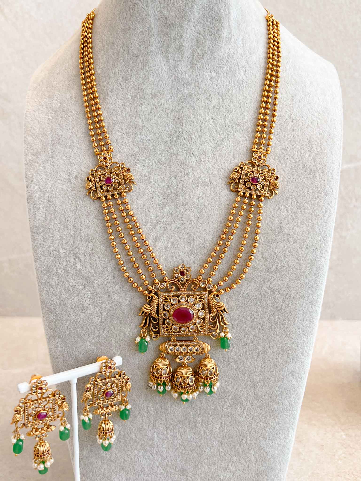 Traditional Square Pendant Mala Set with Ruby and Green Stones