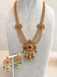 Traditional Square Pendant Mala Set with Ruby and Green Stones