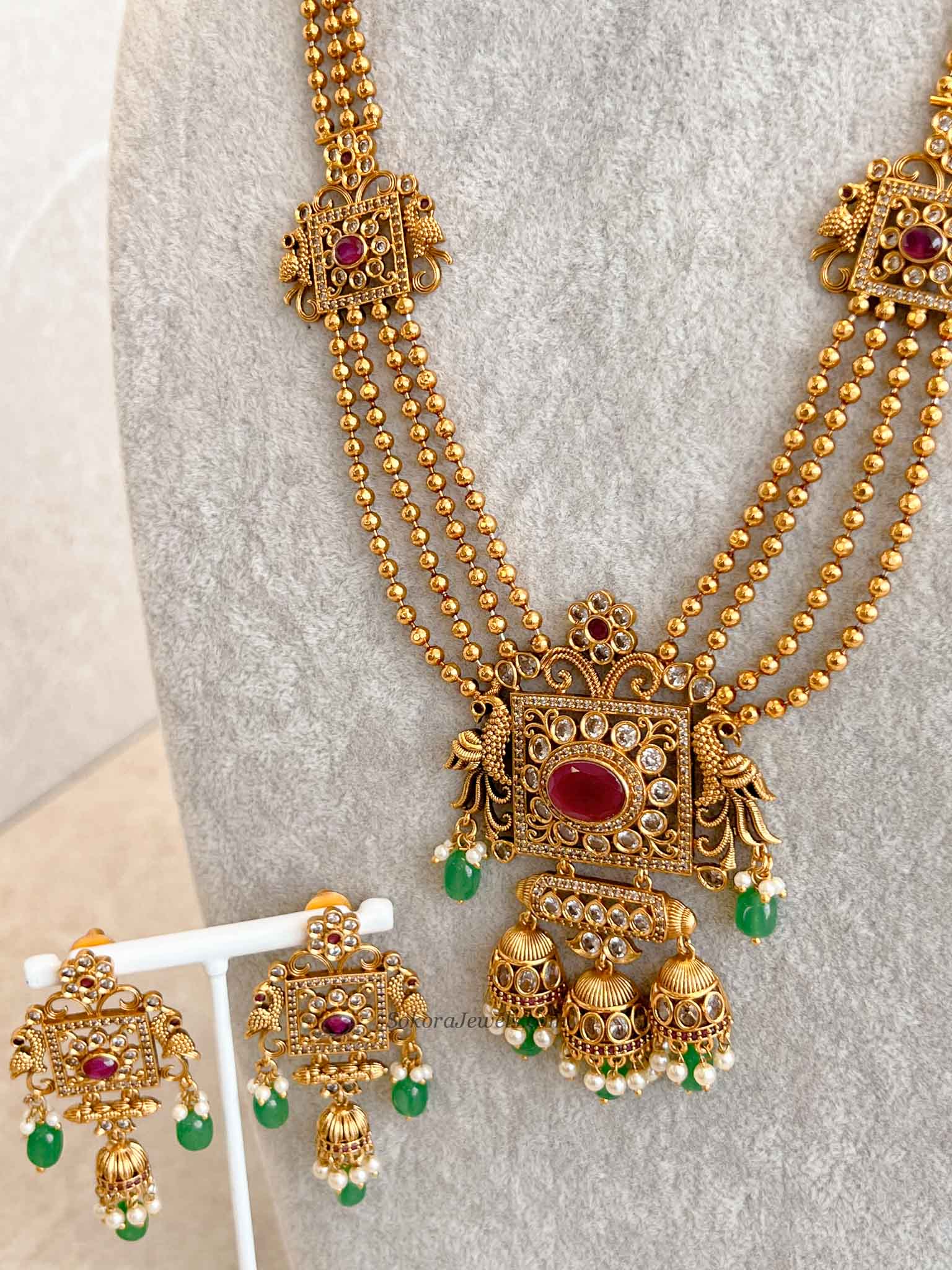 Traditional Square Pendant Mala Set with Ruby and Green Stones