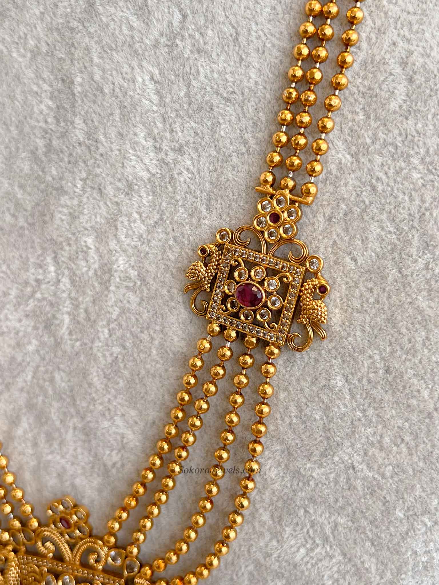Traditional Square Pendant Mala Set with Ruby and Green Stones