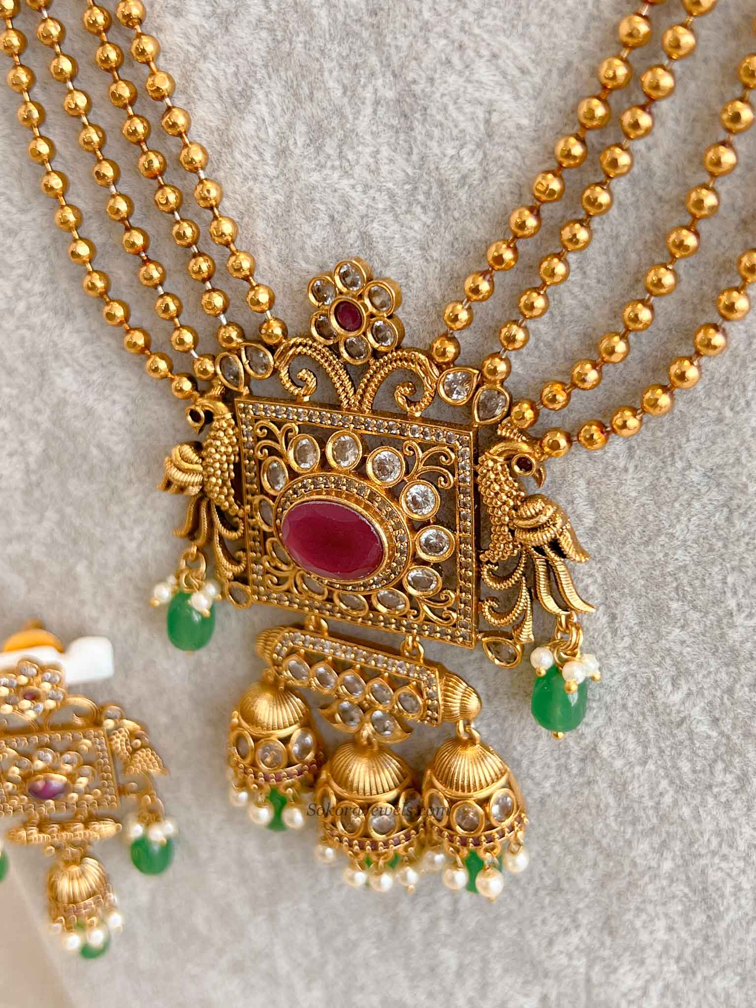 Traditional Square Pendant Mala Set with Ruby and Green Stones