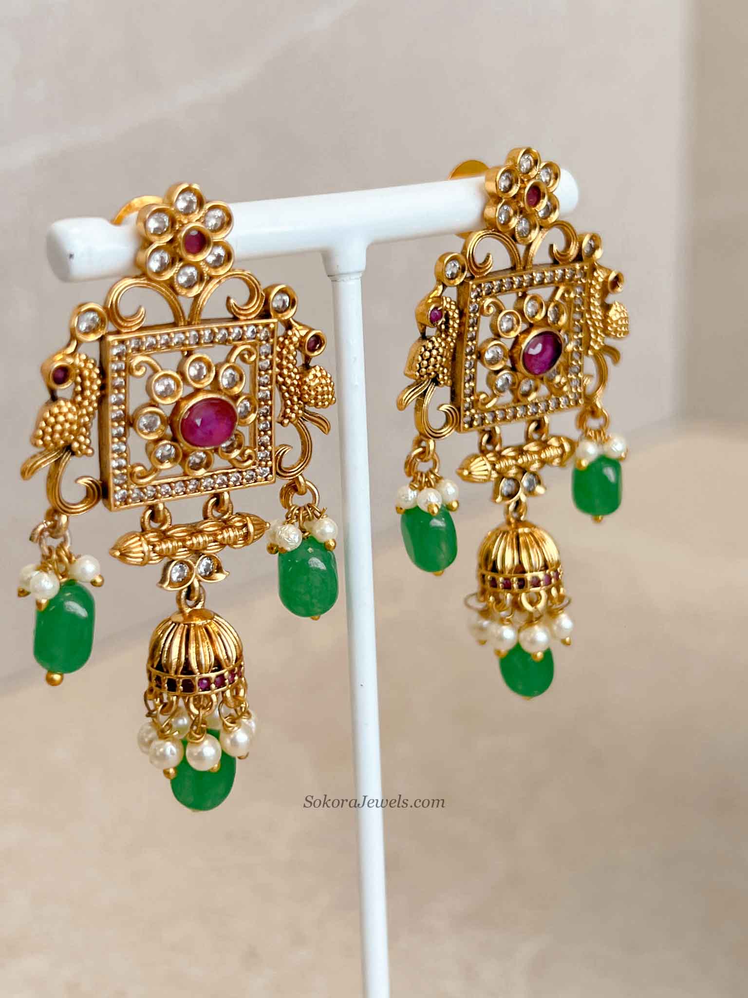 Traditional Square Pendant Mala Set with Ruby and Green Stones