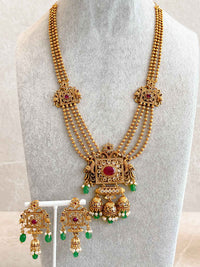 Traditional Square Pendant Mala Set with Ruby and Green Stones