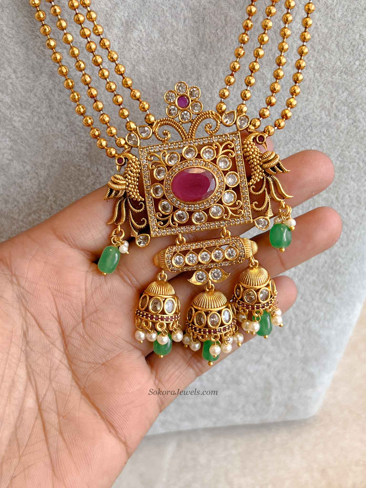 Traditional Square Pendant Mala Set with Ruby and Green Stones