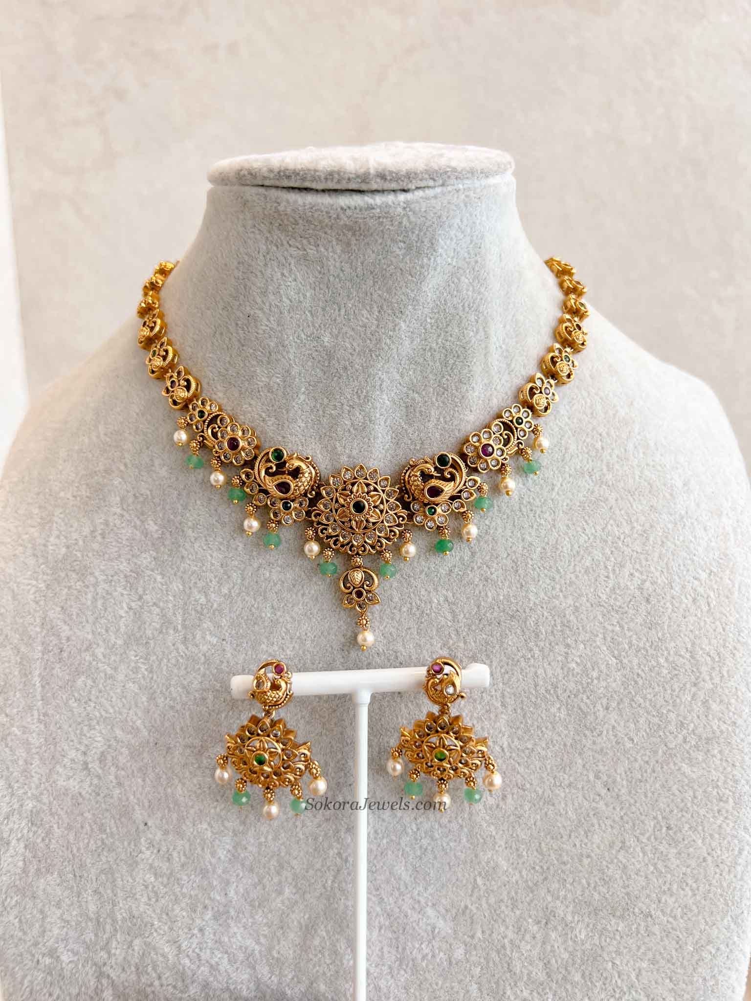Ruby & Green Peacock Necklace Set