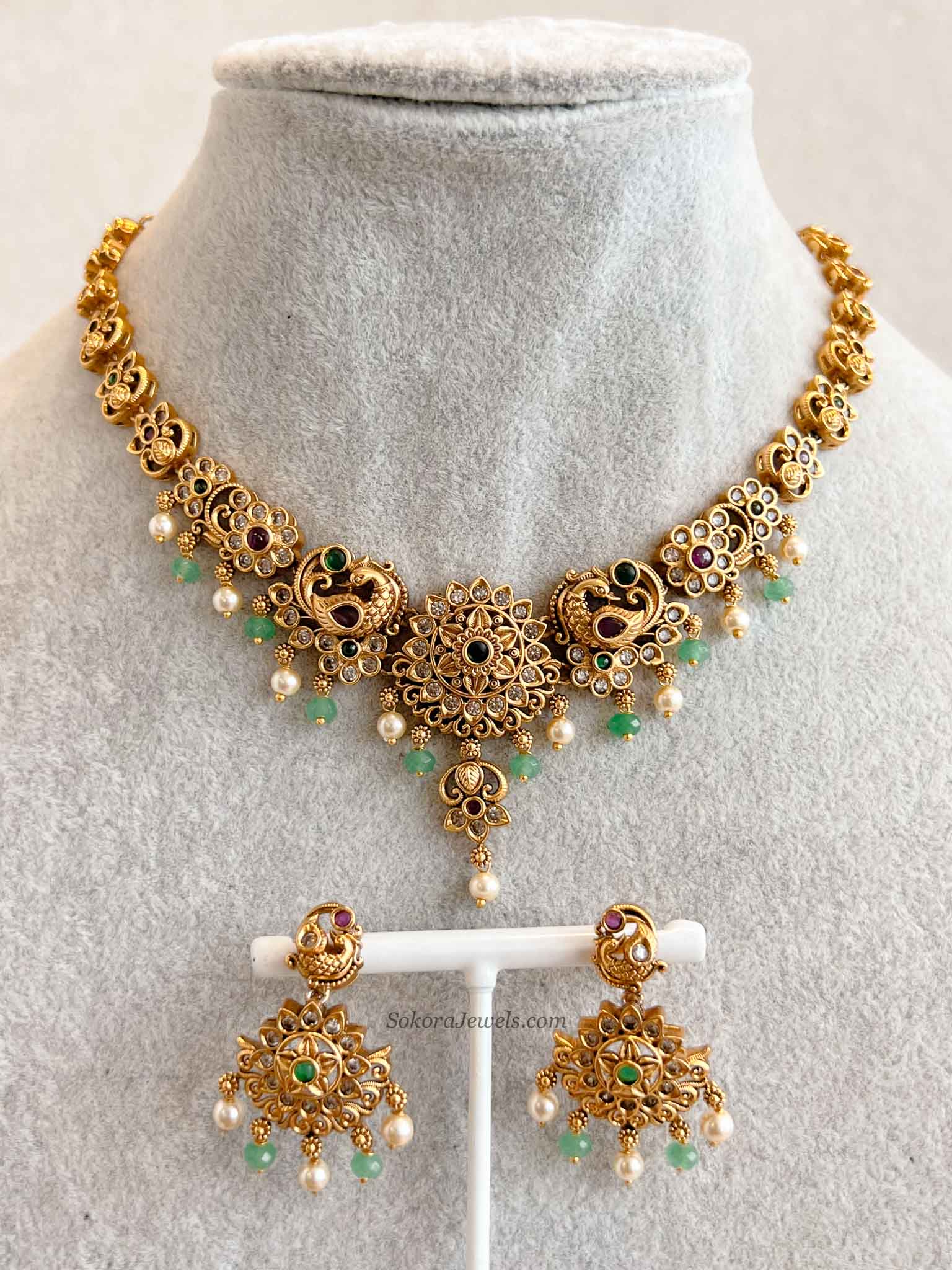 Ruby & Green Peacock Necklace Set