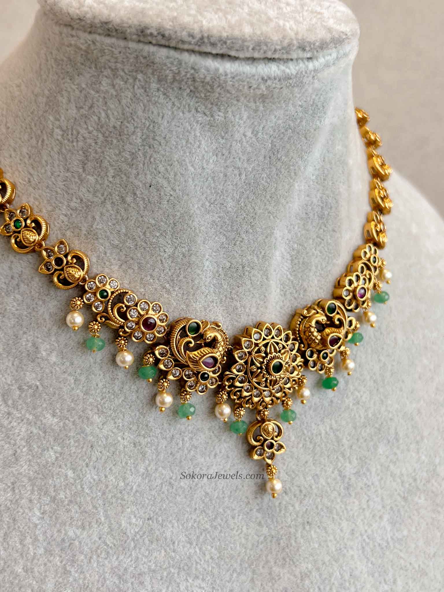 Ruby & Green Peacock Necklace Set