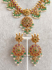 Ruby & Green Pearl Necklace Set with Pendant